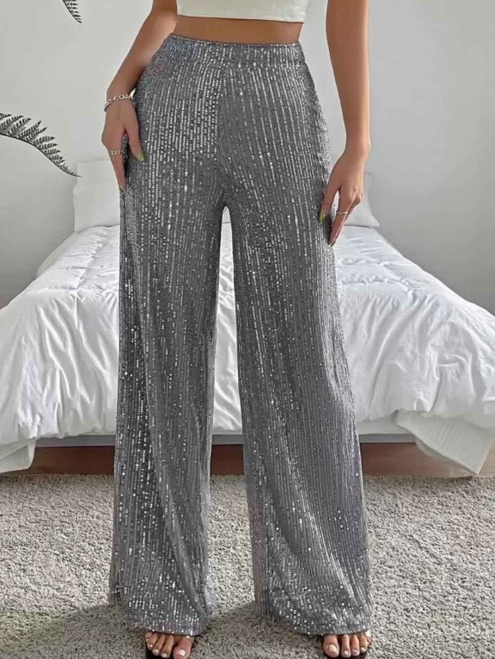 Women’s brand new fancy shiny stylish sequins pants bottoms wide leg pants XS/S